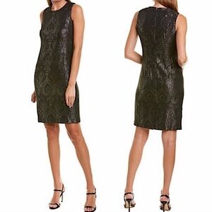 J. MCLAUGHLIN METALLIC BLACK GOLD BROCADE SLEEVELESS SHEATH DRESS